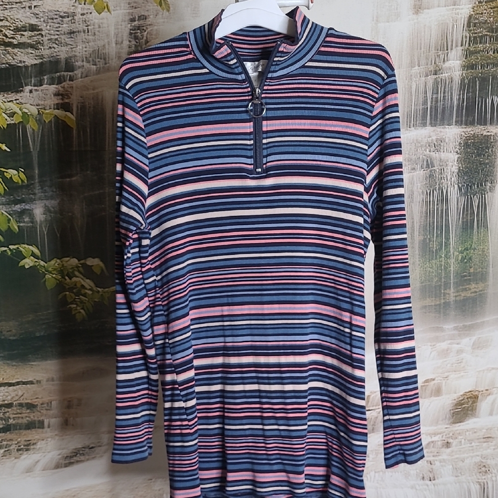 CJ Banks Womens X Striped Long Sleeve Quarter Zip Ribbed Colorful Top
